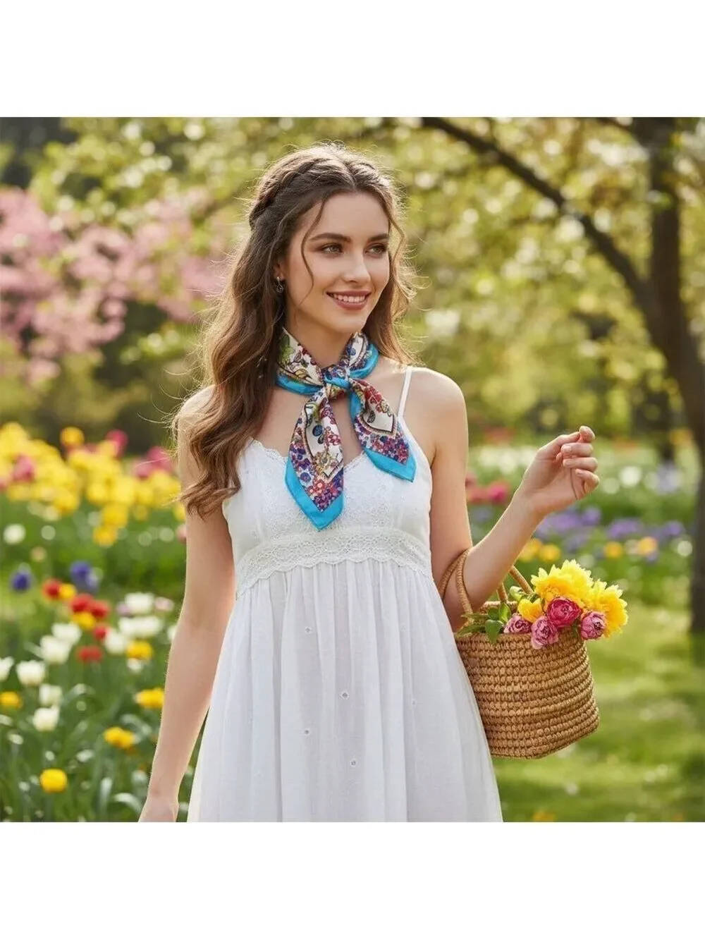 Blue Floral Satin Square Scarf 20x20 Hair Neck Head Wrap Boho